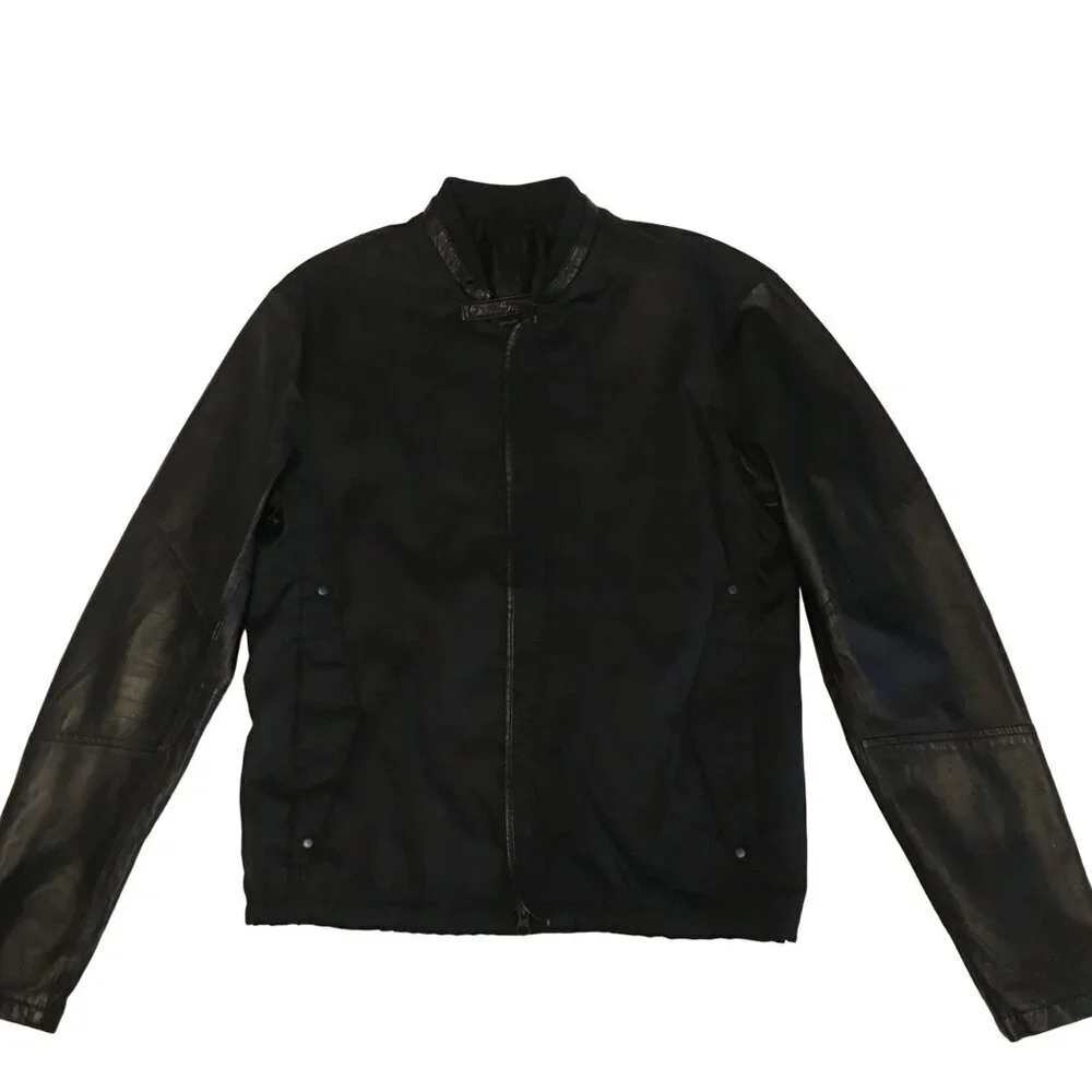 Mens Black Biker Jacket With Faux Leather Sleeves & Zip Closure Size M